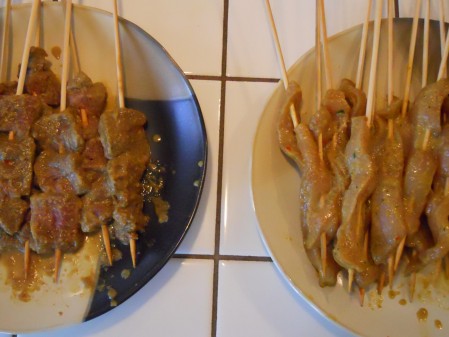 Marinated Filet Mignon and Chicken Satay ready to be grilled.