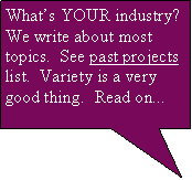 Rectangular Callout: Whats YOUR industry?  We write about most topics.  See past projects list.  Variety is a very good thing.  Read on...